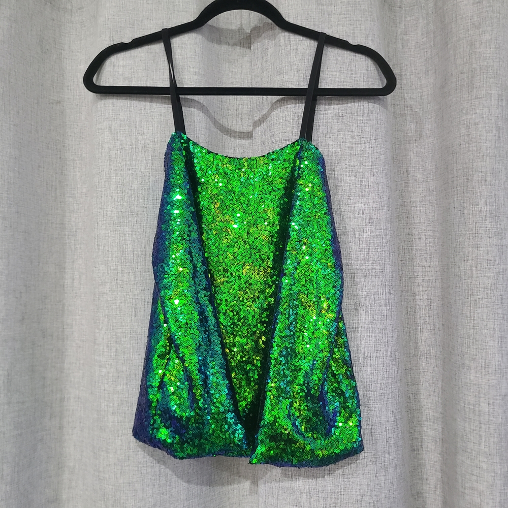 Hancy Blue/Green Mermaid Sequin Spaghetti Strap Tank Top Size Small Festival